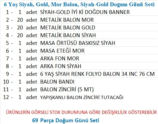 6 Yaş Siyah, Gold, Mor Balon, Siyah-Gold Doğum Günü Seti - Resim 2