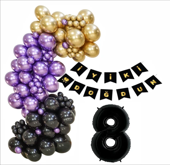 8 Yaş Siyah, Gold, Mor Balon+Banner Seti ürün görseli 1