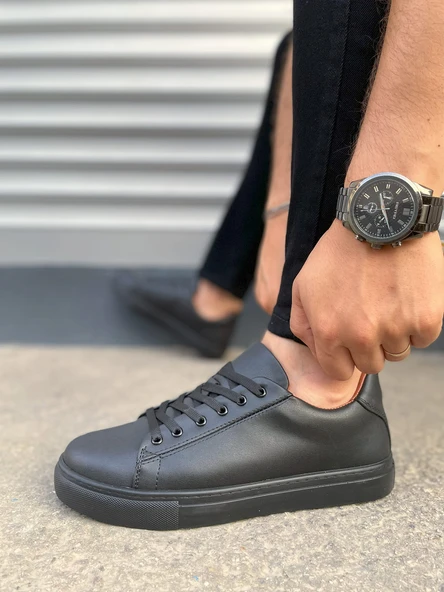 JET-122 Mode Bağcıklı Cilt Erkek Günlük Sneaker Ayakkabı CST - Siyah - Resim 3