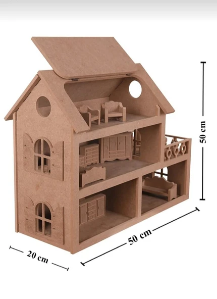 Ahşap Oyuncak Barbie Evi ( 15 Adet Minyatür Mobilya Takımı Hediyeli ) - 2