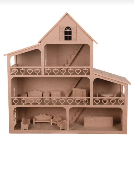 Ahşap Oyuncak Barbie Evi ( 15 Adet Minyatür Mobilya Takımı Hediyeli ) - 3