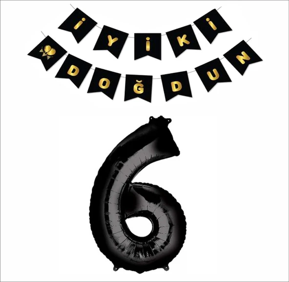 6 Yaş Siyah Folyo Balon+ Siyah Gold Banner ürün görseli 1