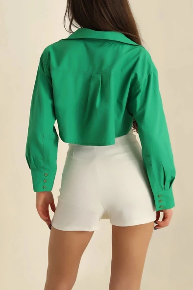 Poplin crop gömlek yeşil s3060 - Resim 4