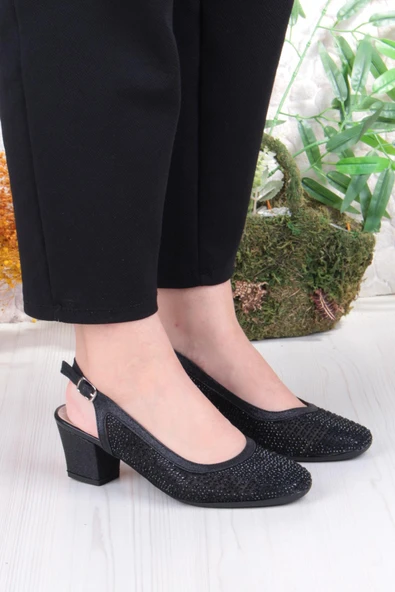 Fort 86004 Nur Dantel Taş Detaylı Arkası Açık Alçak Topuklu Kadın Ayakkabı - Resim 3