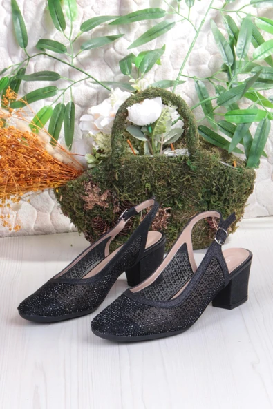 Fort 86004 Nur Dantel Taş Detaylı Arkası Açık Alçak Topuklu Kadın Ayakkabı - Resim 6