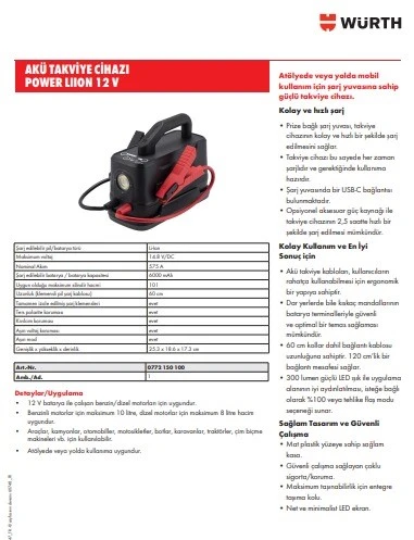 Würth Akü Takviye Cihazı Jump Starter 12V Li-ion POWER: Gücünüz Hiç Bitmesin! - 5