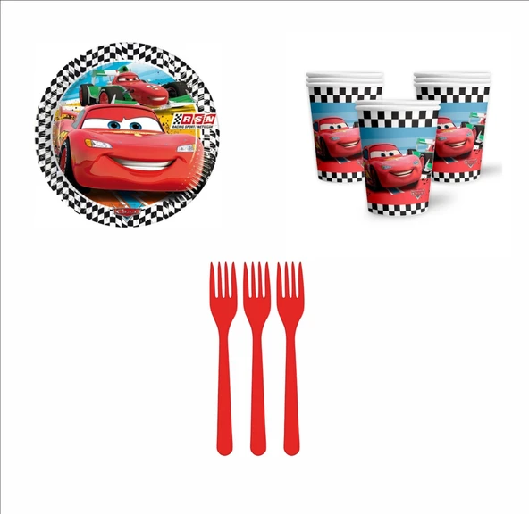 Cars, (Arabalar), Şimşek Mcqueen  8 Adet Tabak, 8 Adet Bardak, 10 Çatal ürün görseli 1