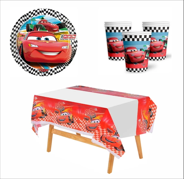 Cars, (Arabalar), Şimşek Mcqueen  8 Adet Tabak, 8 Adet Bardak, Baskılı Masa Örtüsü ürün görseli 1