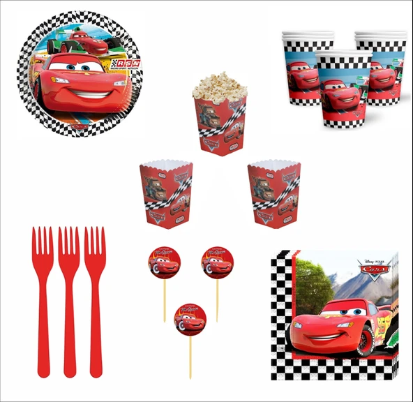 Cars, (Arabalar), Şimşek Mcqueen  8 Adet Tabak, 8 Adet Bardak, 10 Peçete, 10 Çatal,10 Kürdan,8 Adet Mısır Kutusu ürün görseli 1