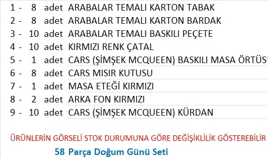 Cars, (Arabalar), Şimşek Mcqueen Tabak, Bardak, Mısır Kutusu, Peçete, Çatal, Kürdan, Fon Perde, Masa Örtüsü, Masa Eteği - Resim 2