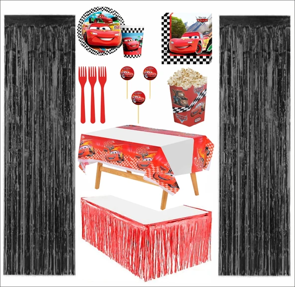 Cars, (Arabalar), Şimşek Mcqueen Tabak, Bardak, Mısır Kutusu, Peçete, Çatal, Kürdan, Fon Perde, Masa Örtüsü, Masa Eteği ürün görseli 1