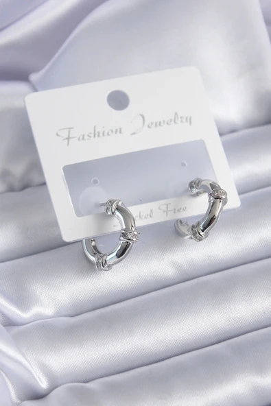 CEYLAN ADAM Gümüş Renk Zirkon Taşlı Halka Model Pirinç Kadın Küpe ürün görseli 1