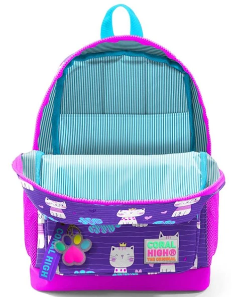 Coral High Kids Mor Pembe Kedi Desenli Dört Bölmeli USBli Okul Sırt Çantası 23264 - Resim 3
