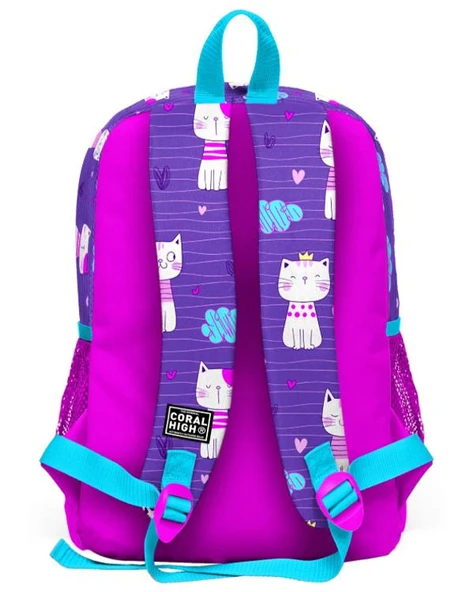 Coral High Kids Mor Pembe Kedi Desenli Dört Bölmeli USBli Okul Sırt Çantası 23264 - Resim 4