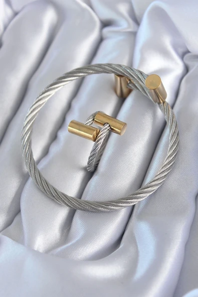 CEYLAN ADAM 316L Çelik Gümüş Renk Gold Detay Sarmal Model Erkek Bileklik Yüzük Kombini ürün görseli 1