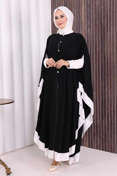 Düğme Detaylı Pelerin 70024 Siyah-Ekru - Resim 2