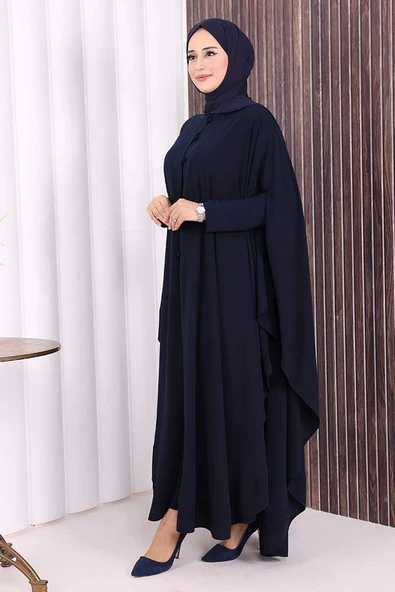 Düğme Detaylı Pelerin 70024 Lacivert - Resim 4