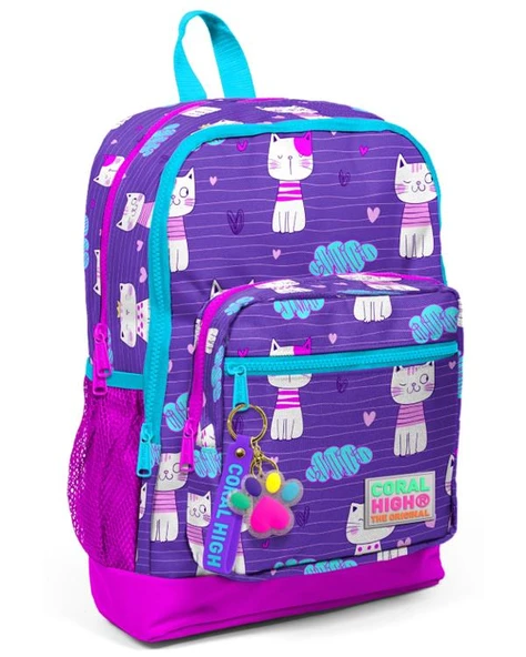 Coral High Kids Mor Pembe Kedi Desenli Dört Bölmeli USBli Okul Sırt Çantası 23264 ürün görseli