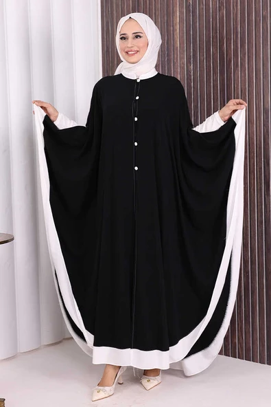 Düğme Detaylı Pelerin 70024 Siyah-Ekru ürün görseli