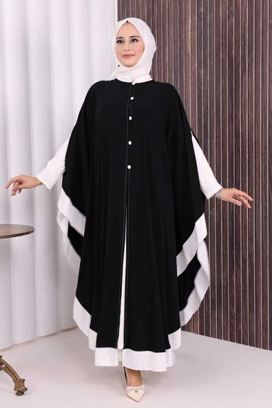 Düğme Detaylı Pelerin 70024 Siyah-Ekru - Resim 3