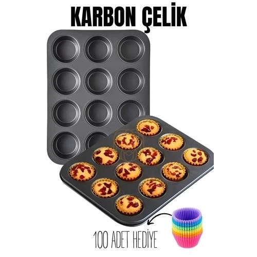 CEYLAN ADAM 12 li Muffin Kalıbı Teflon Çelik 100 Muffin Kağıtlı ürün görseli 1