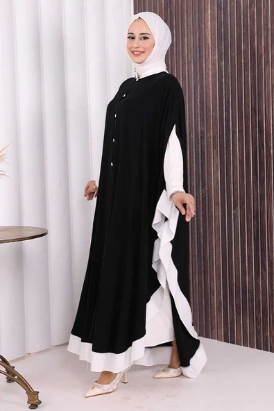 Düğme Detaylı Pelerin 70024 Siyah-Ekru - Resim 4