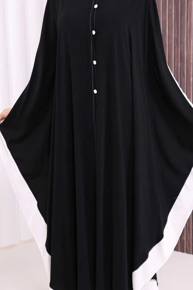 Düğme Detaylı Pelerin 70024 Siyah-Ekru - Resim 7