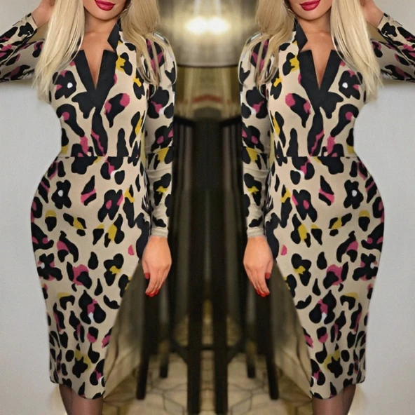 Kadın Uzun Kollu V Yaka Puantiyeli Krep Midi Boy Elbise - Resim 3