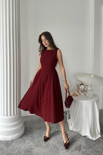 Bordo Yanları Büzgülü Midi Boy Keten Elbise ürün görseli