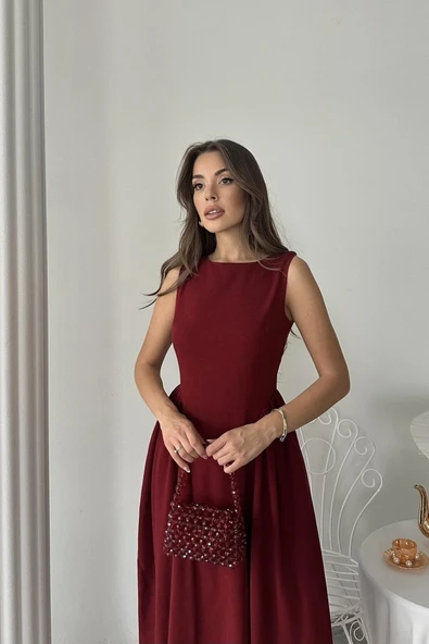 Bordo Yanları Büzgülü Midi Boy Keten Elbise - Resim 4