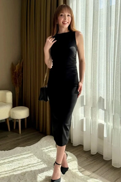 Kadın Sıfır Kol Sıfır Yaka Drape Detaylı Midi Janjan Krep Elbise - Resim 4