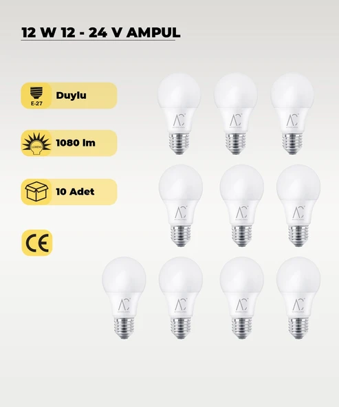 12W 12-24V  Ampul 6500K - Beyaz Işık - E-27 Duy - 10 ADET - 1