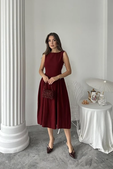 Bordo Yanları Büzgülü Midi Boy Keten Elbise - Resim 2