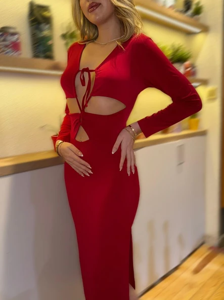 Kadın Uzun Kollu Göğüs Ve Göbek Dekolte Detay Sandy Midi Boy Elbise - 2