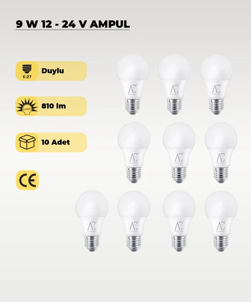 9W 12-24V  Ampul 6500K - Beyaz Işık - E-27 Duy - 10 ADET - 1