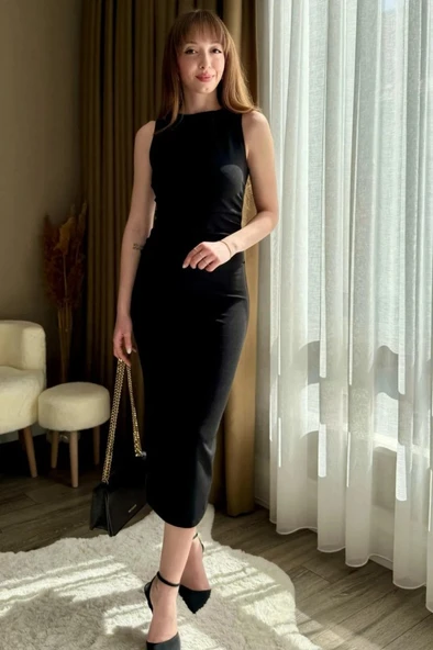 Kadın Sıfır Kol Sıfır Yaka Drape Detaylı Midi Janjan Krep Elbise - Resim 3