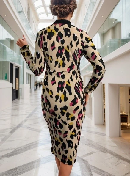 Kadın Uzun Kollu V Yaka Puantiyeli Krep Midi Boy Elbise - Resim 7