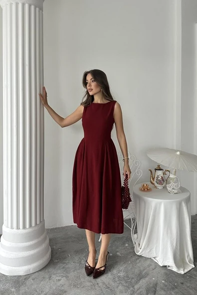 Bordo Yanları Büzgülü Midi Boy Keten Elbise - Resim 3