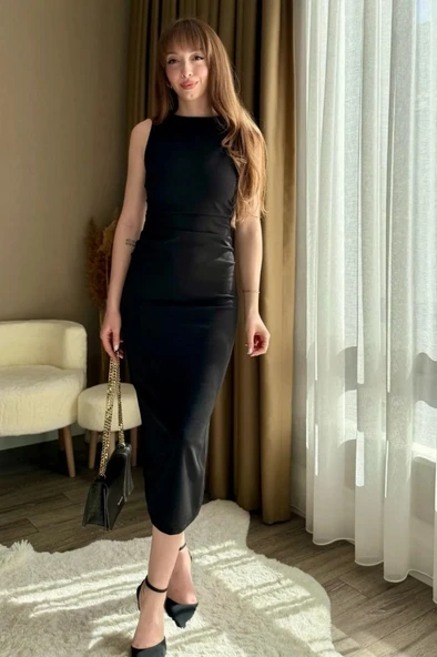 Kadın Sıfır Kol Sıfır Yaka Drape Detaylı Midi Janjan Krep Elbise ürün görseli