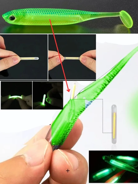 Eagenset İçine Fosforlu Glow Çubuk Işık Takılabilen Neon UV  Fosforlu Glow Yeşil Silikon Balık 1 adet 7cm Silikon yem + 1 adet Glow Çubuk ürün görseli 1