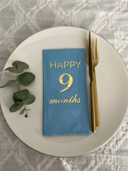 Gold Yaldızlı Mavi Happy 9 Yaş Months Garson Katlama Peçete 16 Adet ürün görseli