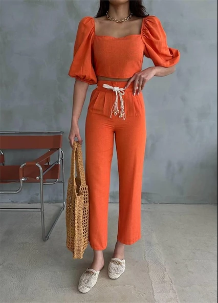KETEN CROP KARPUZ KOL BLUZ-PANTOLON HASIR KEMERLİ - Orange - Resim 3