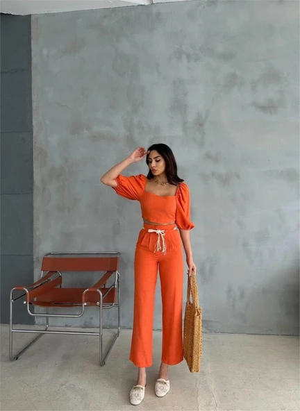 KETEN CROP KARPUZ KOL BLUZ-PANTOLON HASIR KEMERLİ - Orange ürün görseli