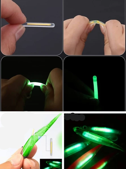 Eagenset İçine Fosforlu Glow Çubuk Işık Takılabilen Neon UV  Fosforlu Glow Yeşil Silikon Balık 1 adet 7cm Silikon yem + 1 adet Glow Çubuk - Resim 2