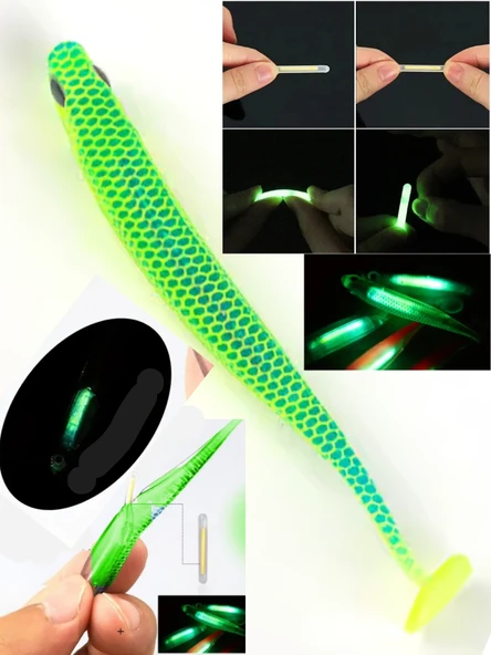 Eagenset İçine Fosforlu Glow Çubuk Işık Takılabilen Neon UV  Fosforlu Glow Yeşil Silikon Balık 1 adet 7cm Silikon yem + 1 adet Glow Çubuk - Resim 3