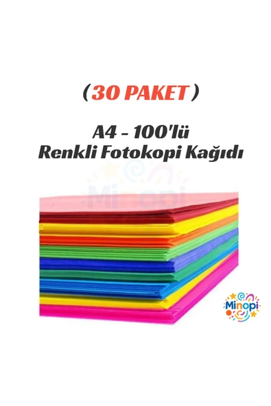 Minopi 30 Paket Renkli Fotokopi Kağıdı Renkli A4 Kağıdı Paketi 100'lü