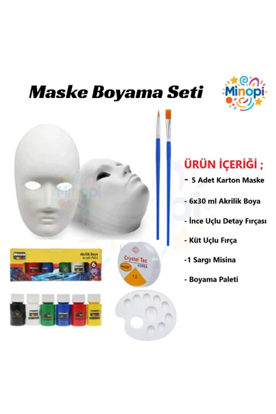 Minopi 5 Adet Karton Maske , 6 Renk Akrilik Boya , Resim Fırçası , Resim Paleti , Lastikli Misina - 1