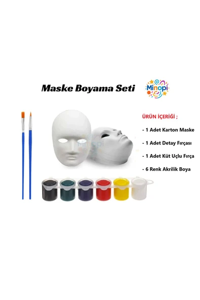Minopi 1 Adet Karton Maske , 6 Renk Akrilik Boya , Resim Fırçası , Resim Paleti , Lastikli Misina - 1