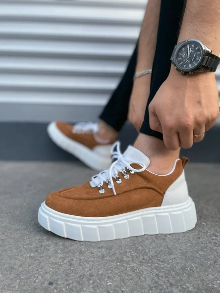 JET-010 Cloud Bağcıklı Süet Erkek Günlük Sneaker Ayakkabı SBT - Taba/Beyaz - Resim 3