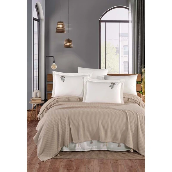 Newhome Çift Kişilik Saçaklı El Nakışlı %100 Pamuk Lüx Pike Takımı-Kapiçino